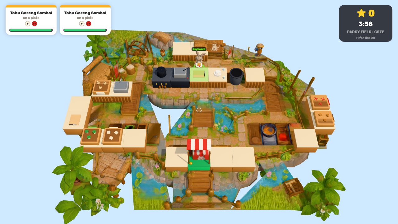 Cooking: the bunny chef in the Paddy Field kitchen, a village diorama with crates, a cooker, a fryer and a serving hatch