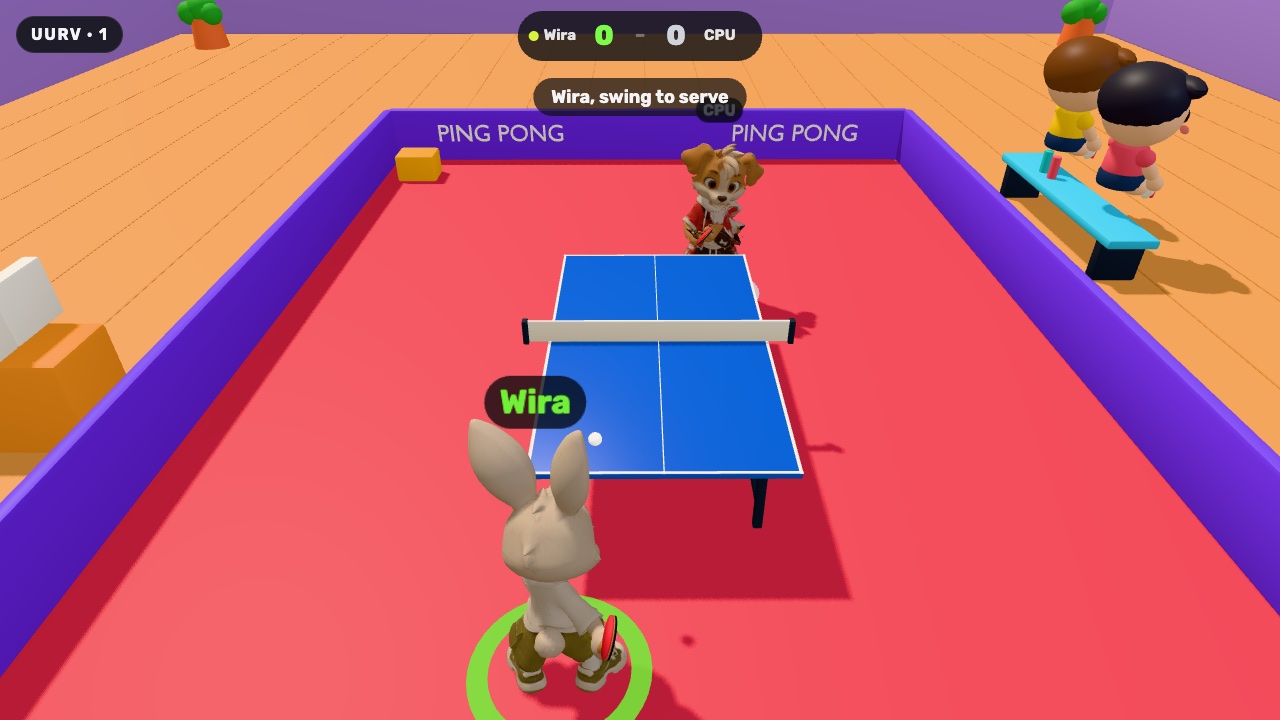 Table tennis: the bunny serving to the pup across a blue table in the sports hall