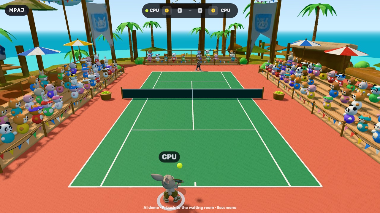 Tennis: the bunny about to serve on the island court, the pup waiting at the far baseline